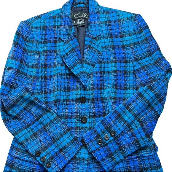 Laurel by ESCADA Plaid Blue Wool 2 Piece Skirt Suit Size 38 - Picture 3 of 16